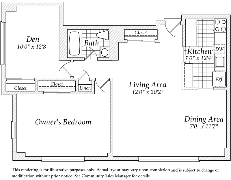 The Colubmia, 1 Bedroom, a Den, and 1 Bath.